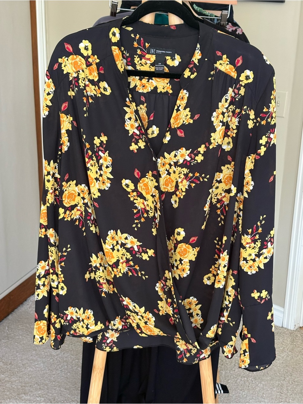 INC International Concepts Black Fall Floral Long Sleeve Wrap Blouse 3X